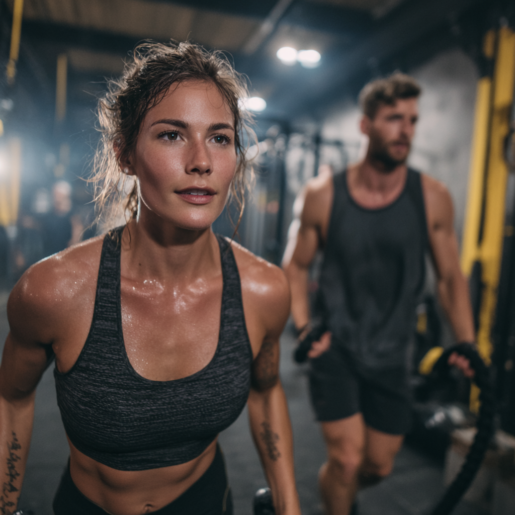 Mosolygó magyar felnőtt nő otthonában végez egyszerű nyújtógyakorlatokat a nappaliban