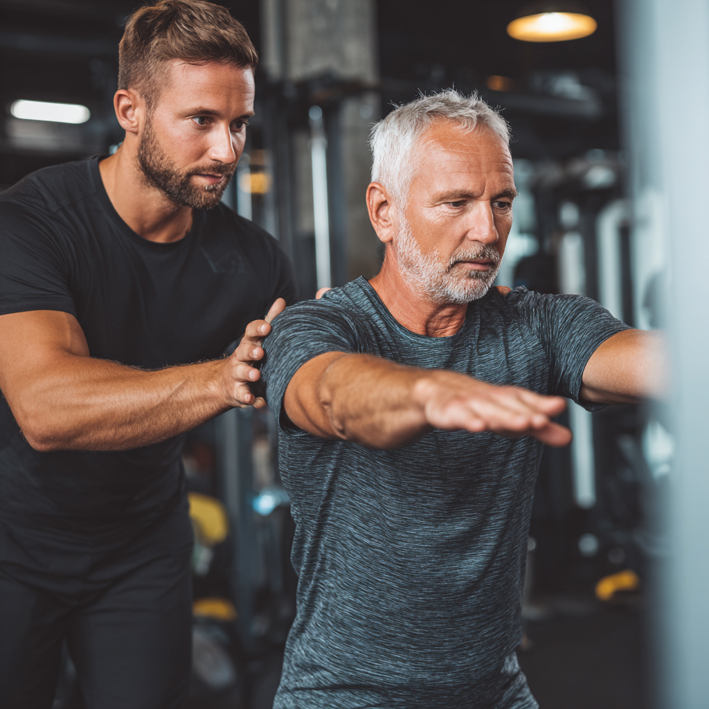 Magyar férfi irodai dolgozó áll az íróasztala mellett és egyszerű nyújtógyakorlatokat végez